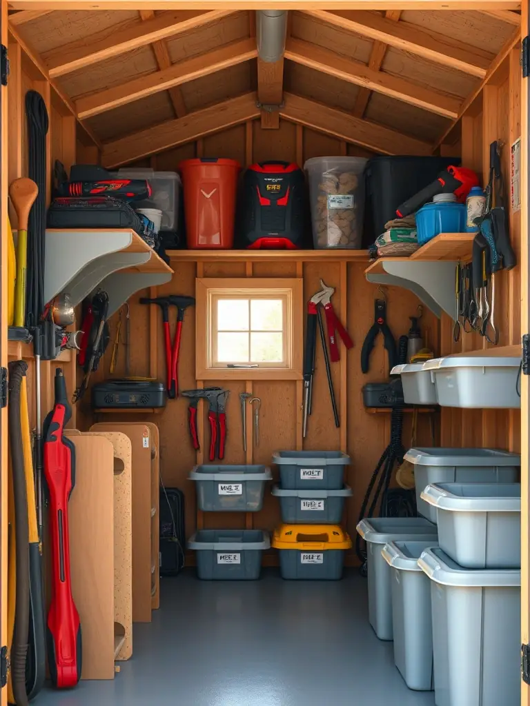 A well-organized storage shed interior with shelves, hooks, and bins, showcasing efficient space utilization for tools and equipment.