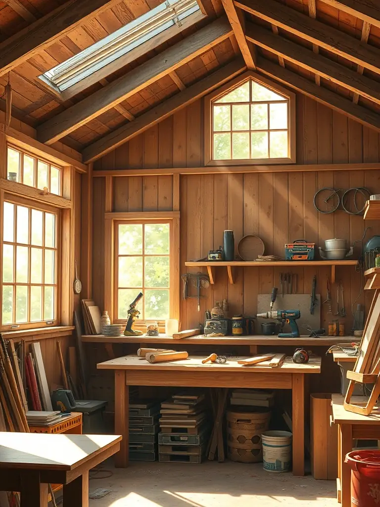 A bright and functional workshop shed interior with a workbench, tools, and natural light, designed for woodworking and other hobbies.