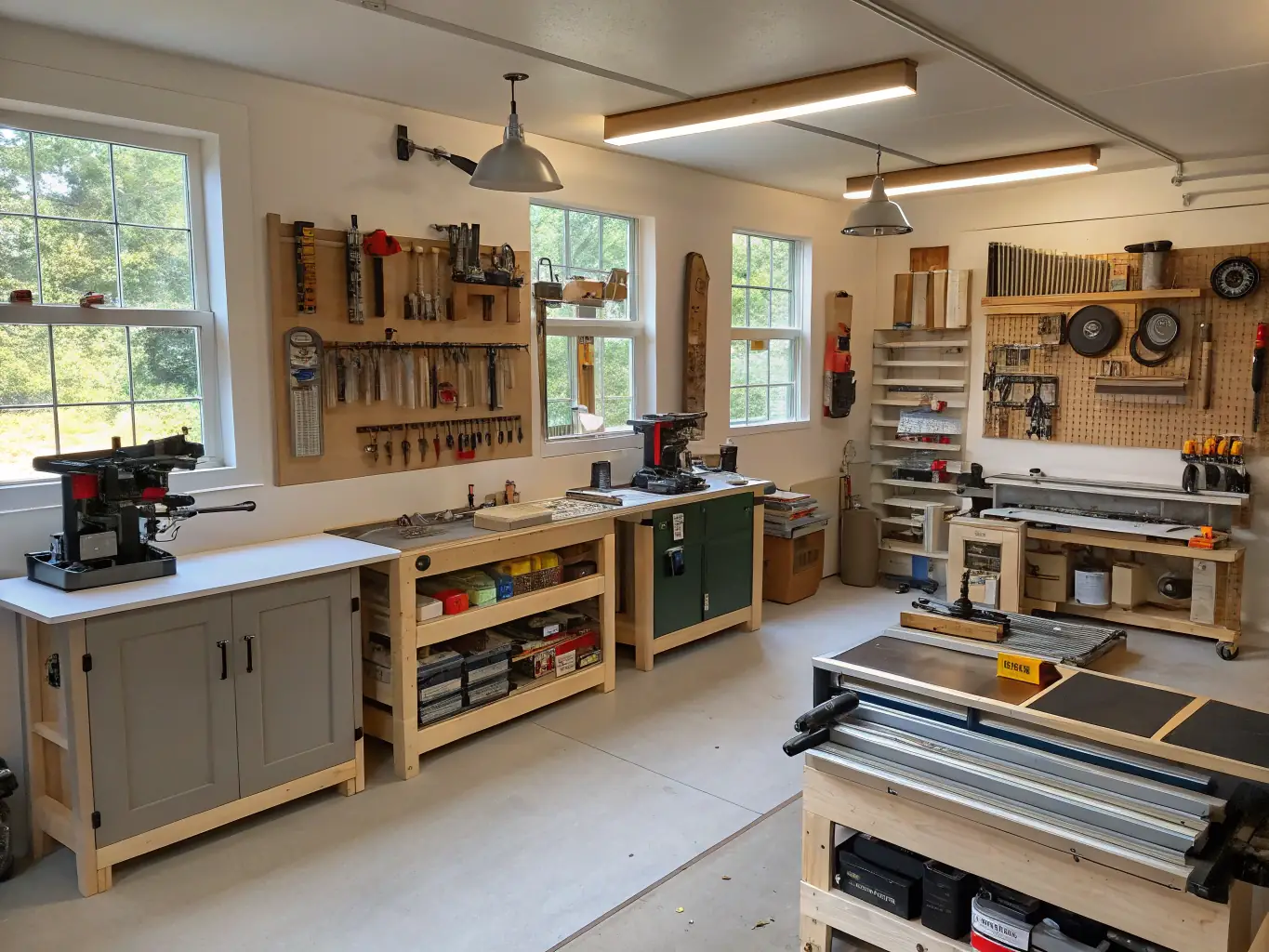 An interior shot of a shed showcasing various organizational options, including shelving units, workbenches, and pegboards, highlighting the customizable interior layouts available for ContruK sheds.