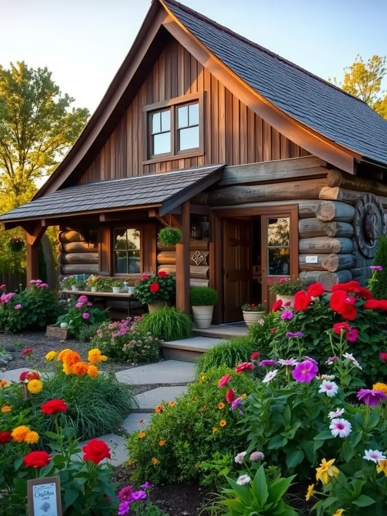 A charming garden shed exterior surrounded by flowers and greenery, blending seamlessly into a backyard garden setting.