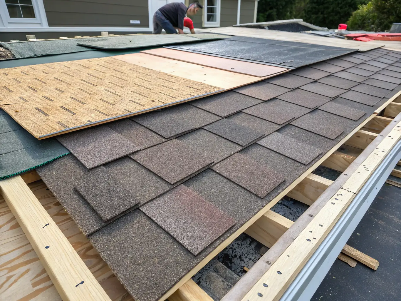 A high-angle shot of various roofing material samples (shingles, metal, tile) arranged neatly on a table, showcasing the range of roofing options available for ContruK sheds. The image is well-lit and focuses on the texture and color variations.