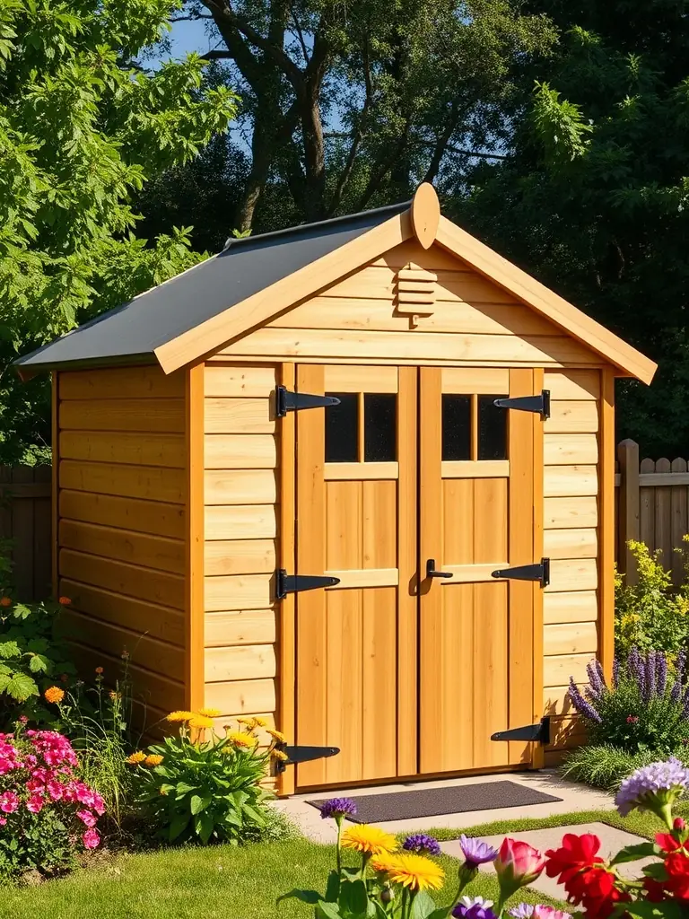 A high-quality photograph of a classic wooden storage shed in a residential backyard, filled with gardening tools and equipment, showcasing its practical storage capabilities.